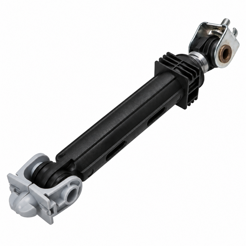 A black metal and plastic mechanical rod or arm with silver metal mounting brackets and a black rubber bushing, shown on a plain white background.