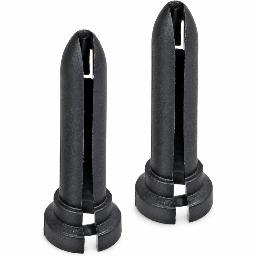Two black plastic nozzles on a white background