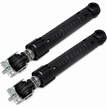 Two black rubber and metal suspension control arms with silver hardware, displayed on a clean white background.