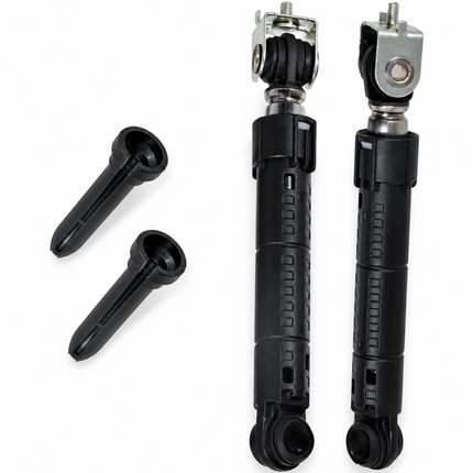 A pair of black ball joint suspension bushings with silver metal mounting caps, shown alongside two black plastic lock tabs on a plain white background.