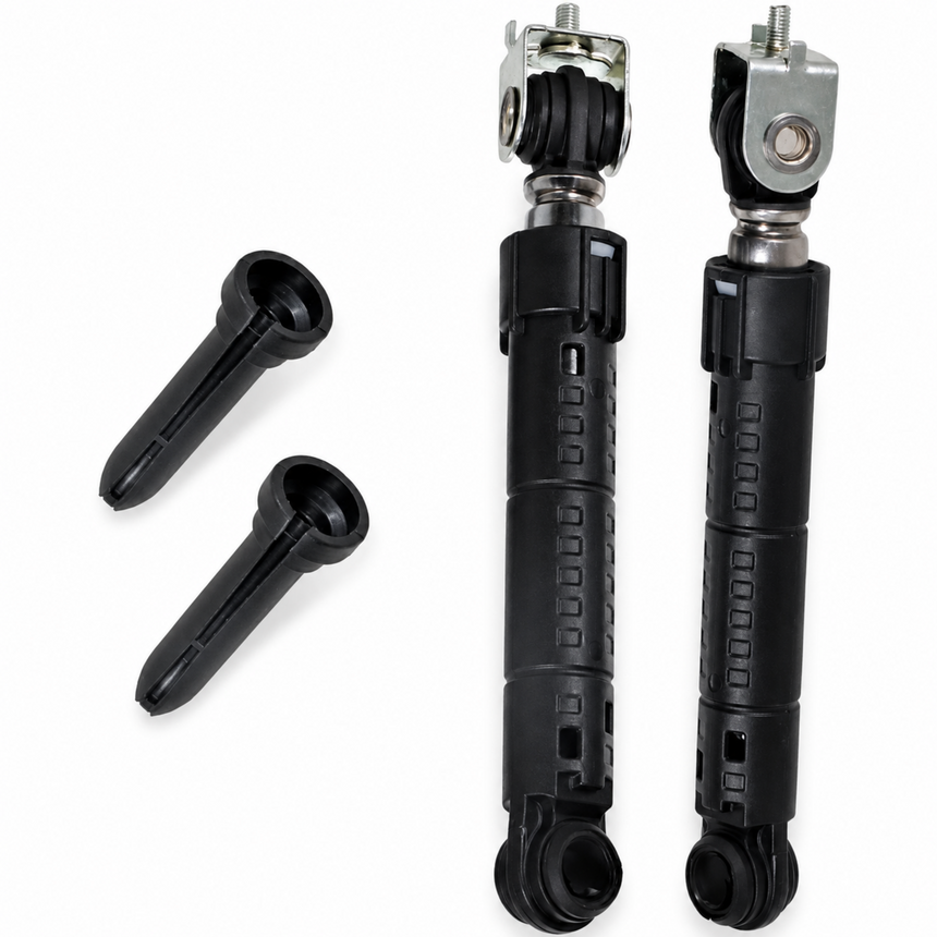 A pair of black ball joint suspension bushings with silver metal mounting caps, shown alongside two black plastic lock tabs on a plain white background.