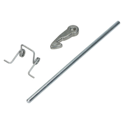 A set of three silver metal mechanical parts, including a long rod, a small spring, and a bracket, displayed on a clean white background.