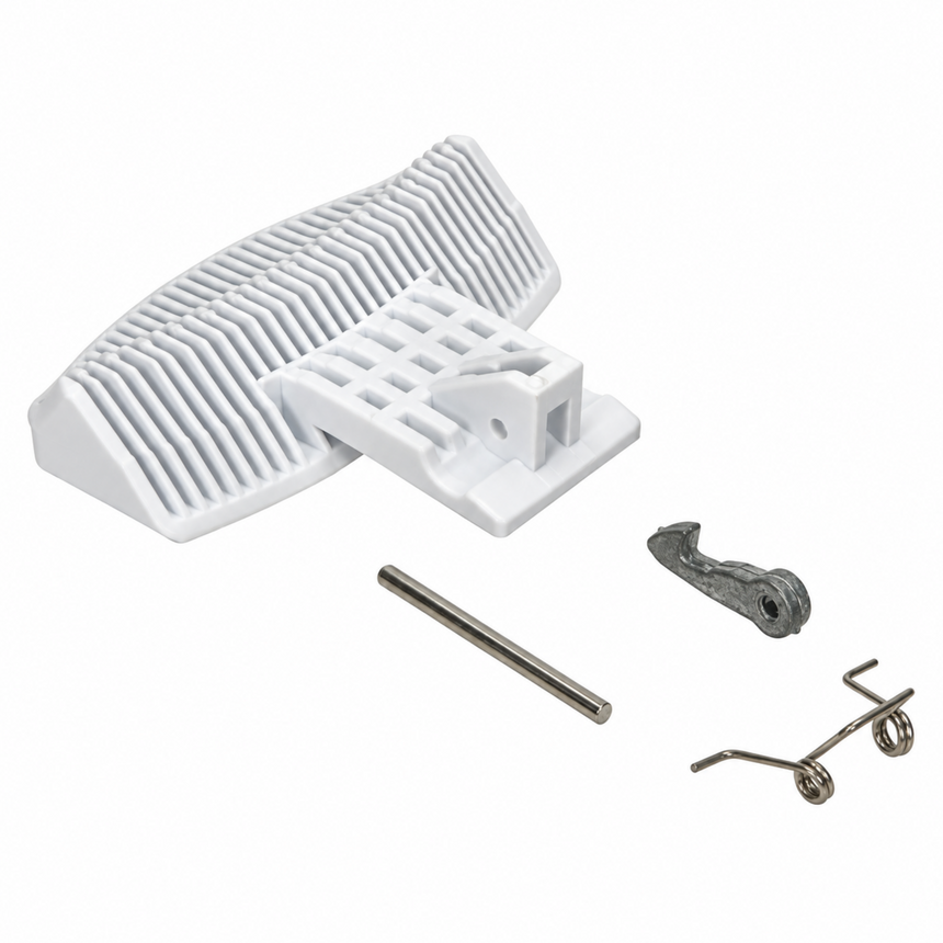 White plastic replacement vent grille and trim piece kit with a metal mounting pin, silver bracket, and wire clips on a white background.