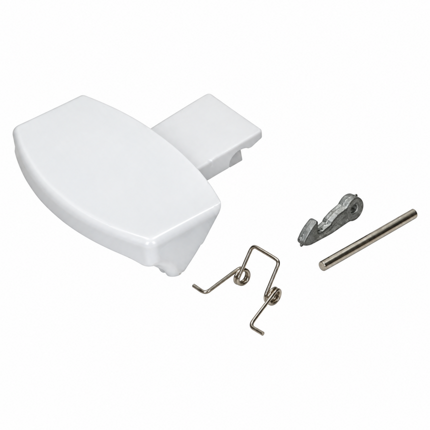White plastic window screen frame cover with silver metal hardware including a spring, pin, and rod, shown on a plain white background.