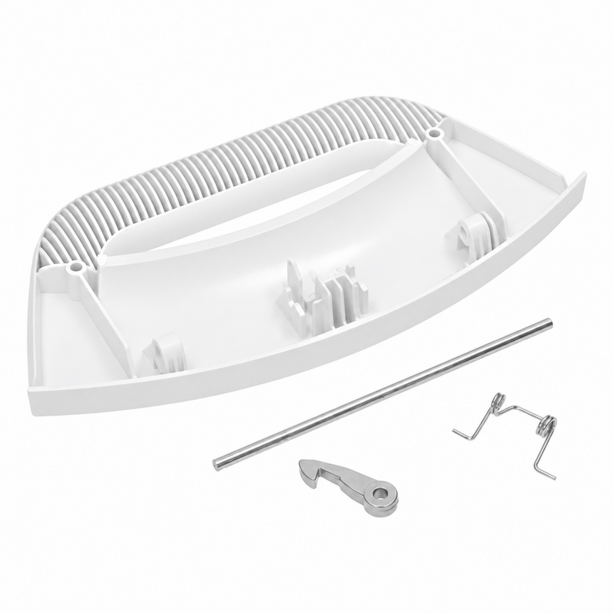 White plastic replacement door panel with a ribbed vented edge, shown with a metal rod, bracket, and small hardware piece on a clean white background.