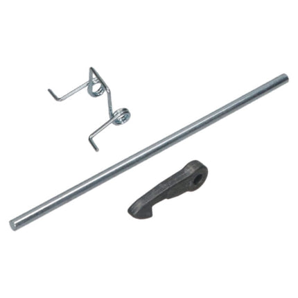 A metal mechanical parts set consisting of a long silver metal rod, a silver coiled spring with wire arms, and a dark gray metal lever, shown on a plain white background.