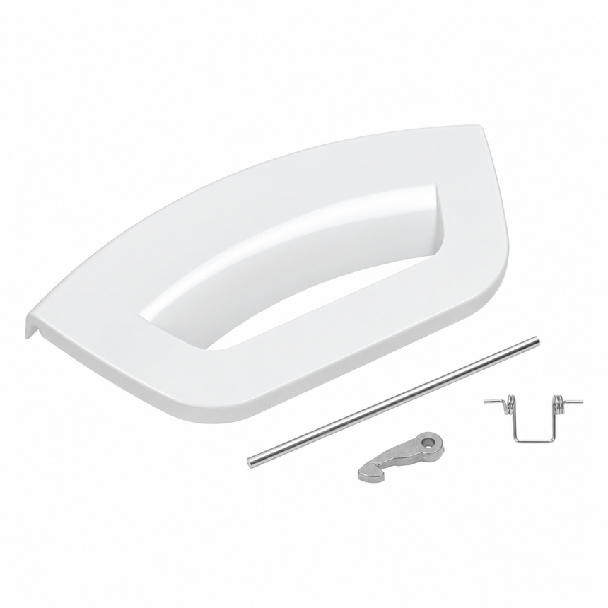 White door handle trim cover with a silver metal bar, latch, and bracket hardware, shown on a plain white background.