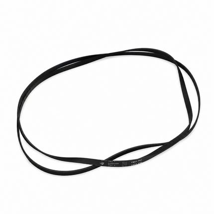 A black rubber replacement belt with white printed specifications, arranged in a loose loop on a solid white background.