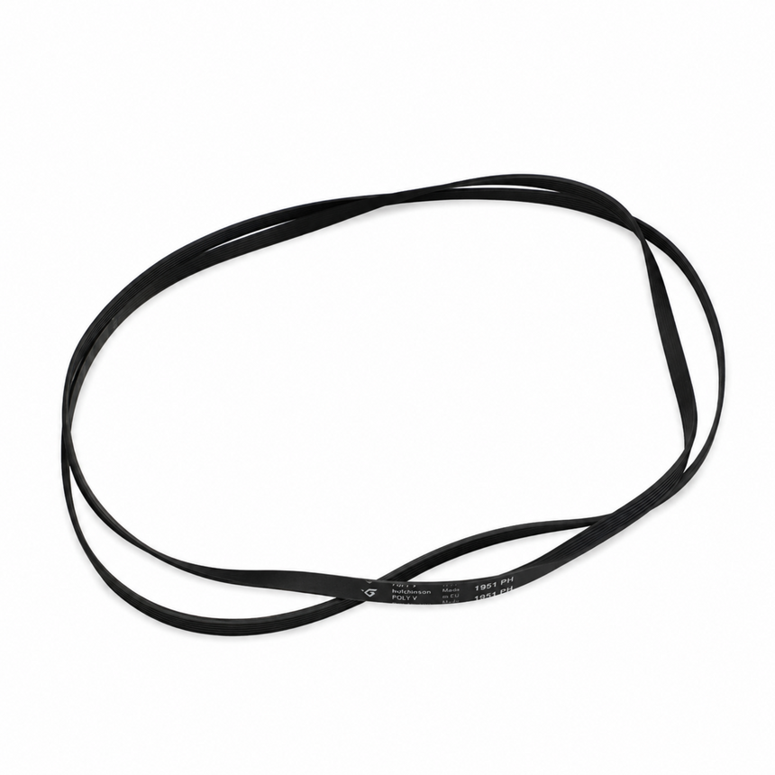 A black rubber replacement belt with white printed specifications, arranged in a loose loop on a solid white background.