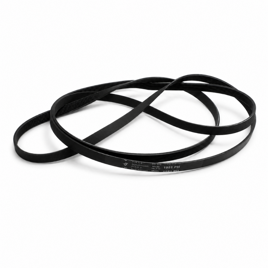 A black rubber V-belt with grooved markings, coiled on a clean white background.