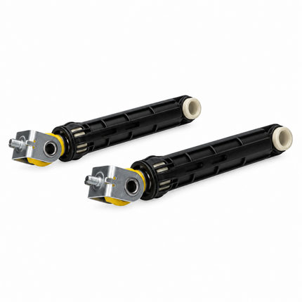 Two black cylindrical mechanical parts with silver metal mounting brackets and small yellow accents, shown on a plain white background.