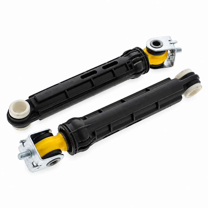 Two black automotive suspension control arms with yellow shock absorbers and silver metal mounting brackets, shown on a white background.