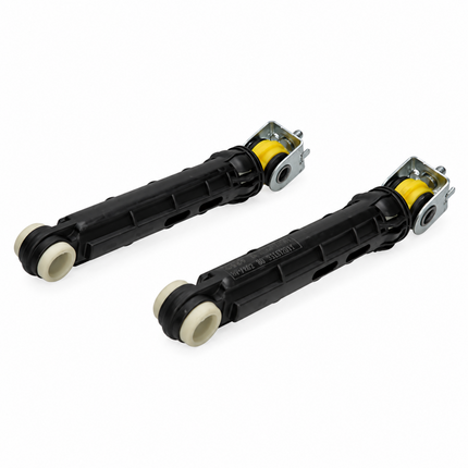 Two black industrial roller guide assemblies with yellow rollers and white end caps, shown on a plain white background.