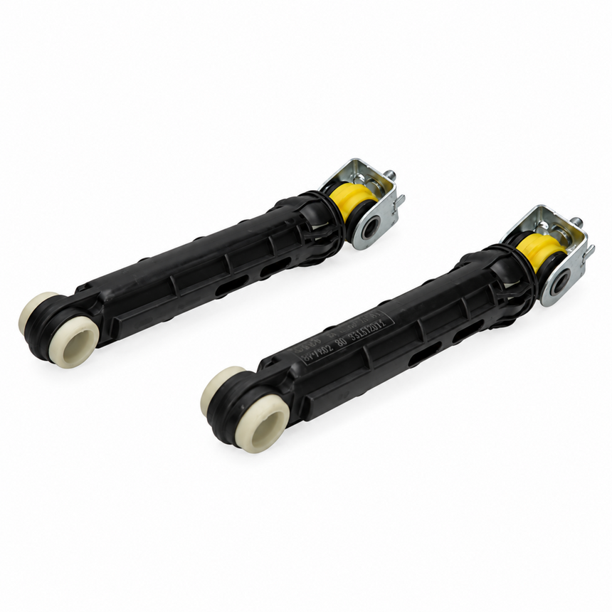 Two black industrial roller guide assemblies with yellow rollers and white end caps, shown on a plain white background.