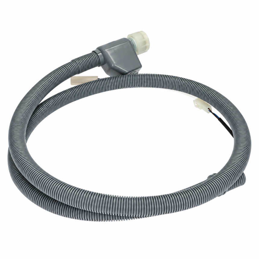 A coiled gray corrugated drainage hose with a gray plastic connector and a white plastic cap, shown on a plain white background.