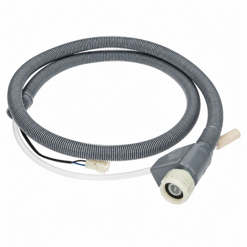 A coiled gray corrugated flexible hose with a gray connector housing, a white plastic end cap, a clear tube, and a small beige nozzle tip, shown on a white background.