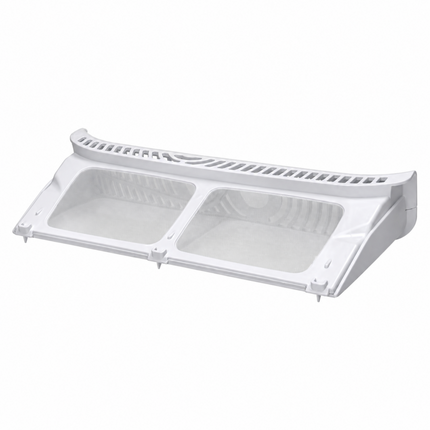 White plastic refrigerator shelf liner with two compartments and a slotted top shelf strip, shown on a plain white background.