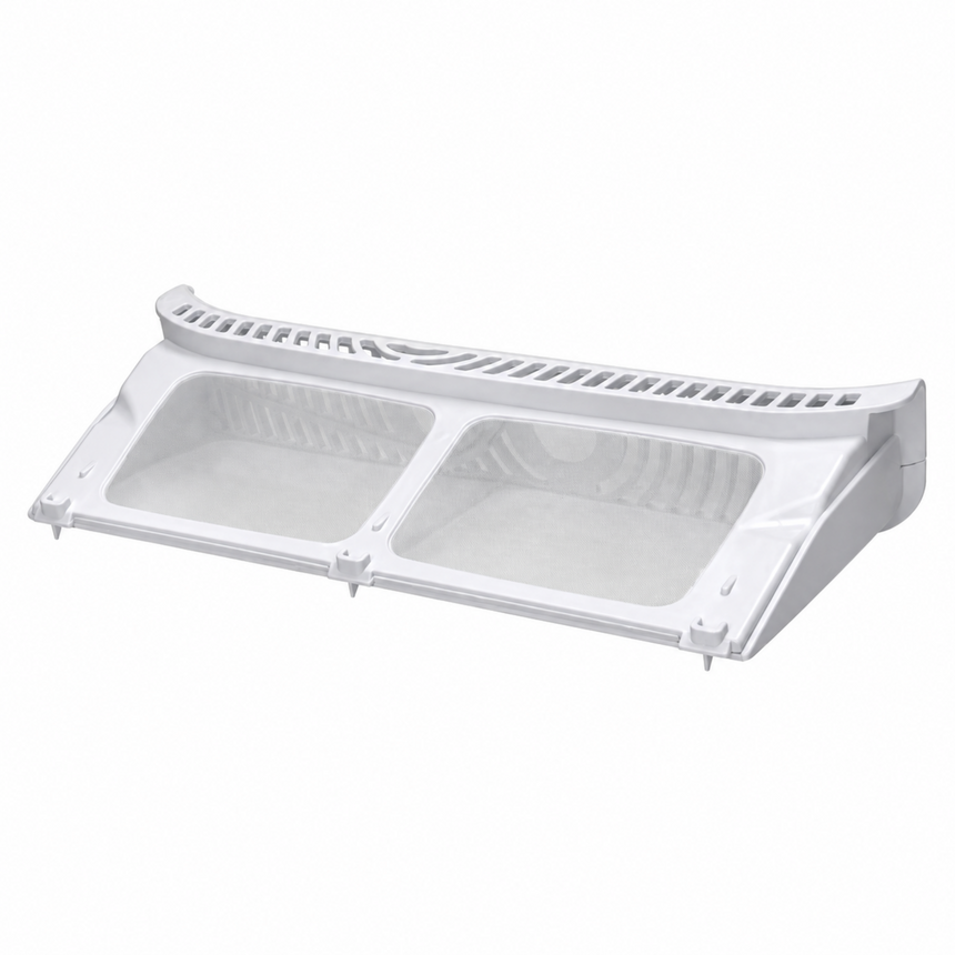 White plastic refrigerator shelf liner with two compartments and a slotted top shelf strip, shown on a plain white background.