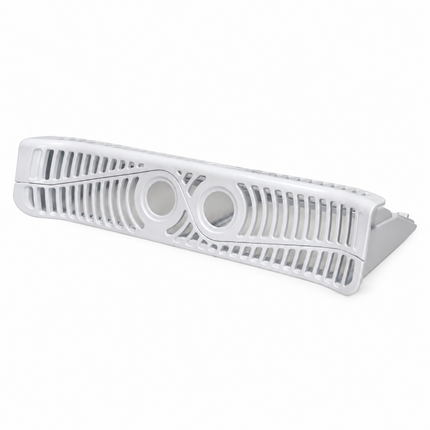 A white plastic double-slice knife guard with a slotted design and two circular openings, shown on a plain white background.