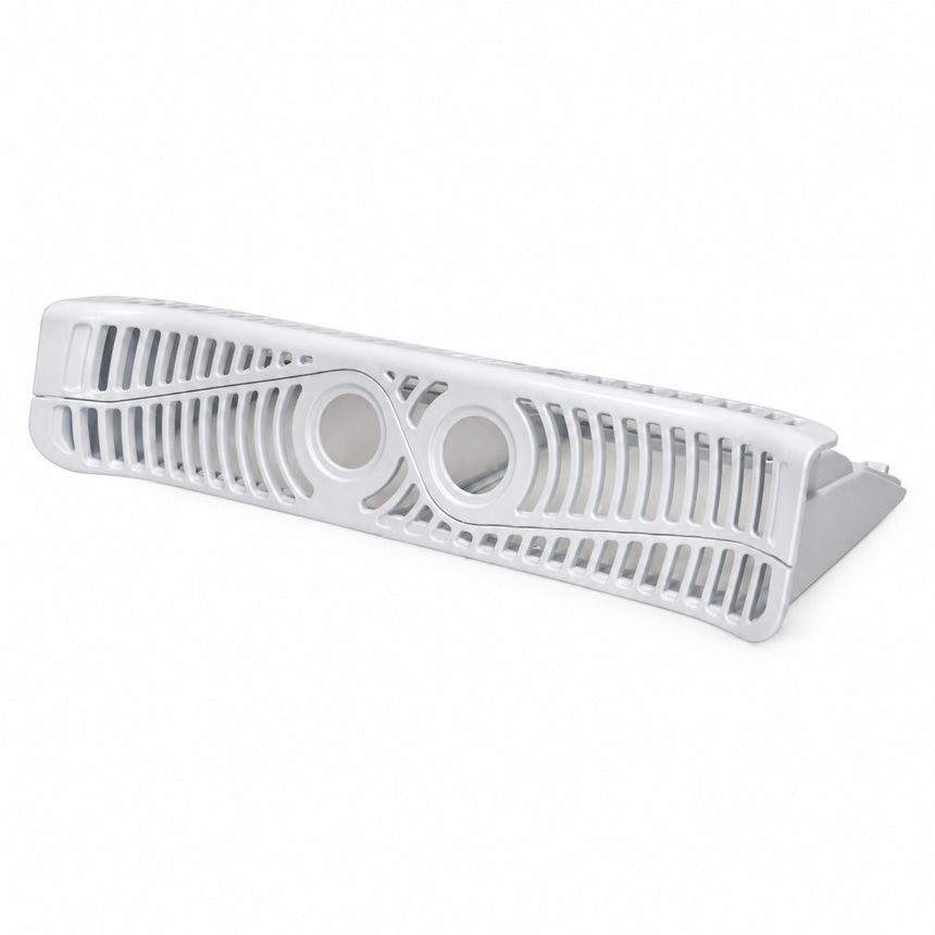A white plastic double-slice knife guard with a slotted design and two circular openings, shown on a plain white background.