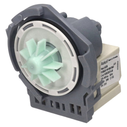 A replacement water dispenser pump motor by Ashok, featuring a gray plastic housing, a white circular inner ring, a pale mint green impeller, and a beige electrical connector with printed specifications.