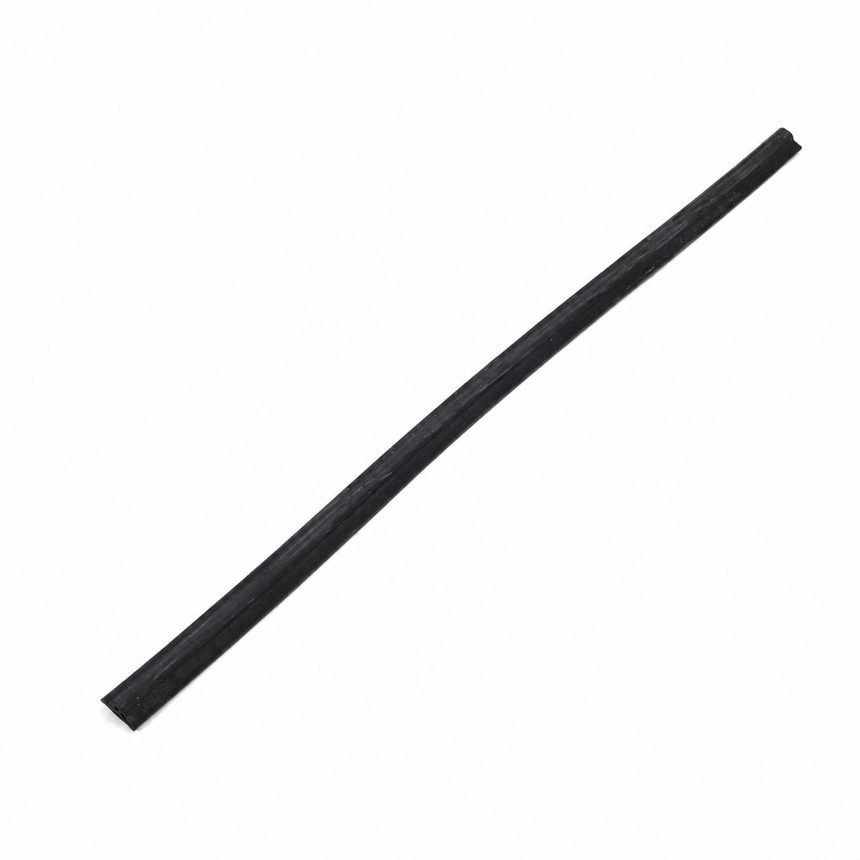 A long, thin black rubber or plastic strip shown diagonally on a plain white background.