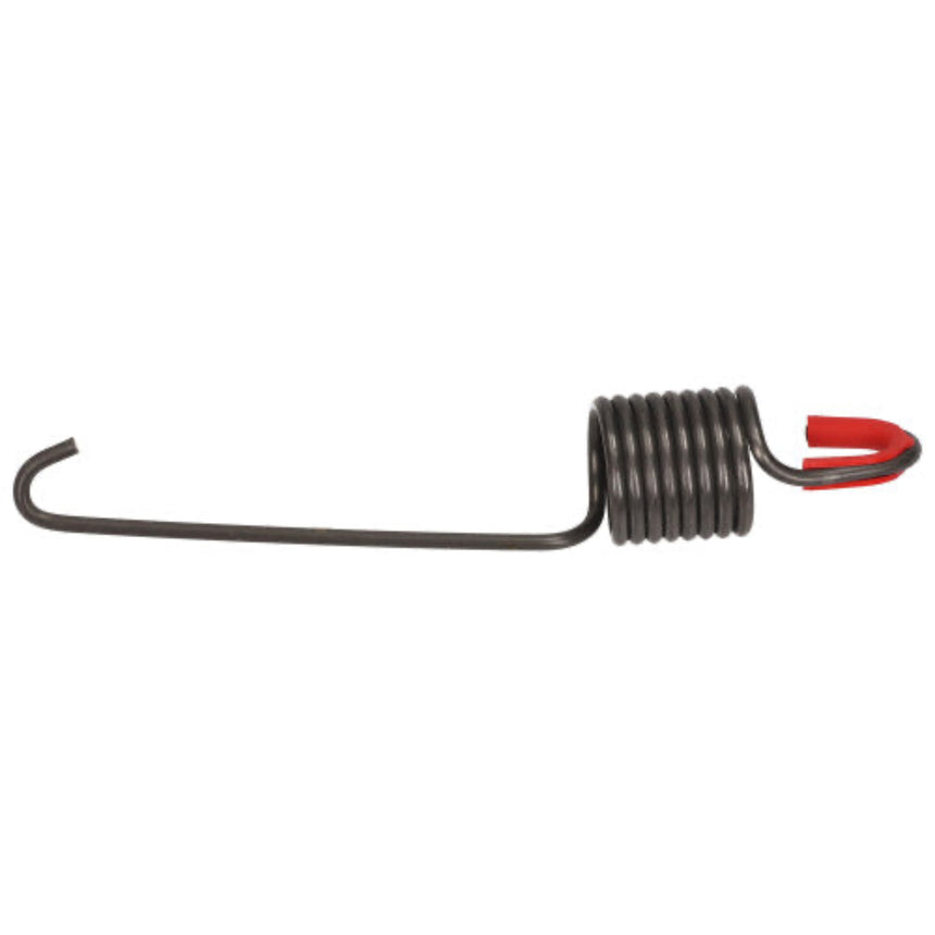A dark gray metal coil spring with a red-painted end hook, shown horizontally against a plain white background.