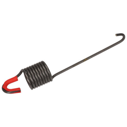 A metal coil spring with a long hook extending to the right and a red-painted tip on the left, shown on a plain white background.