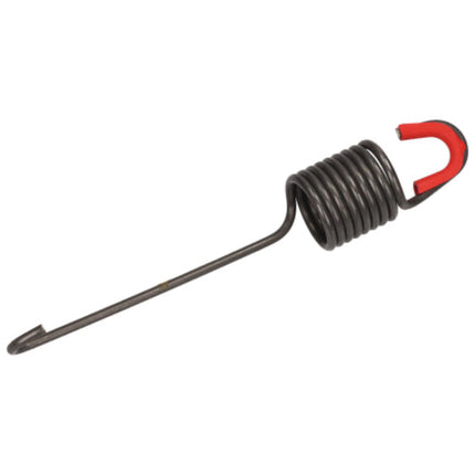 A metal coil spring with a long straight arm and a red-painted hook end, isolated on a white background.