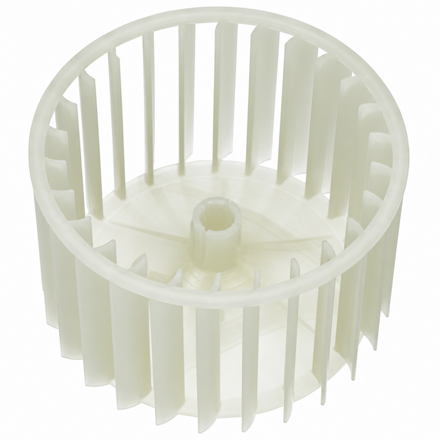 A white plastic centrifugal fan impeller, commonly used as a replacement part for blenders, vacuums, or fans, shown on a solid white background.