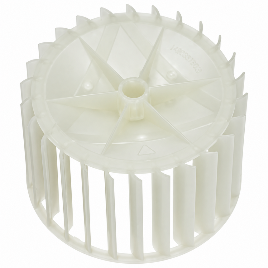 White plastic replacement fan blade assembly for a refrigerator or air conditioner, shown on a solid white background.