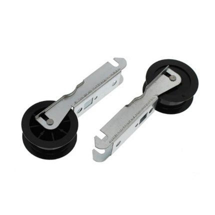 Two metal pulley systems with black wheels on a white background