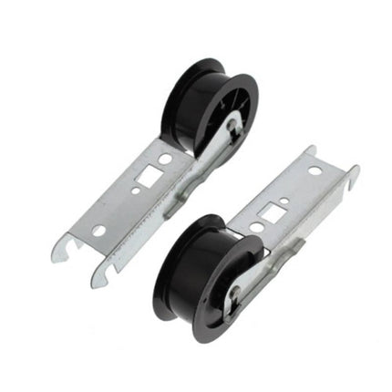 Two black pulley systems with metal brackets on a white background