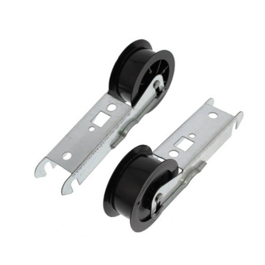Two black pulley systems with metal brackets on a white background