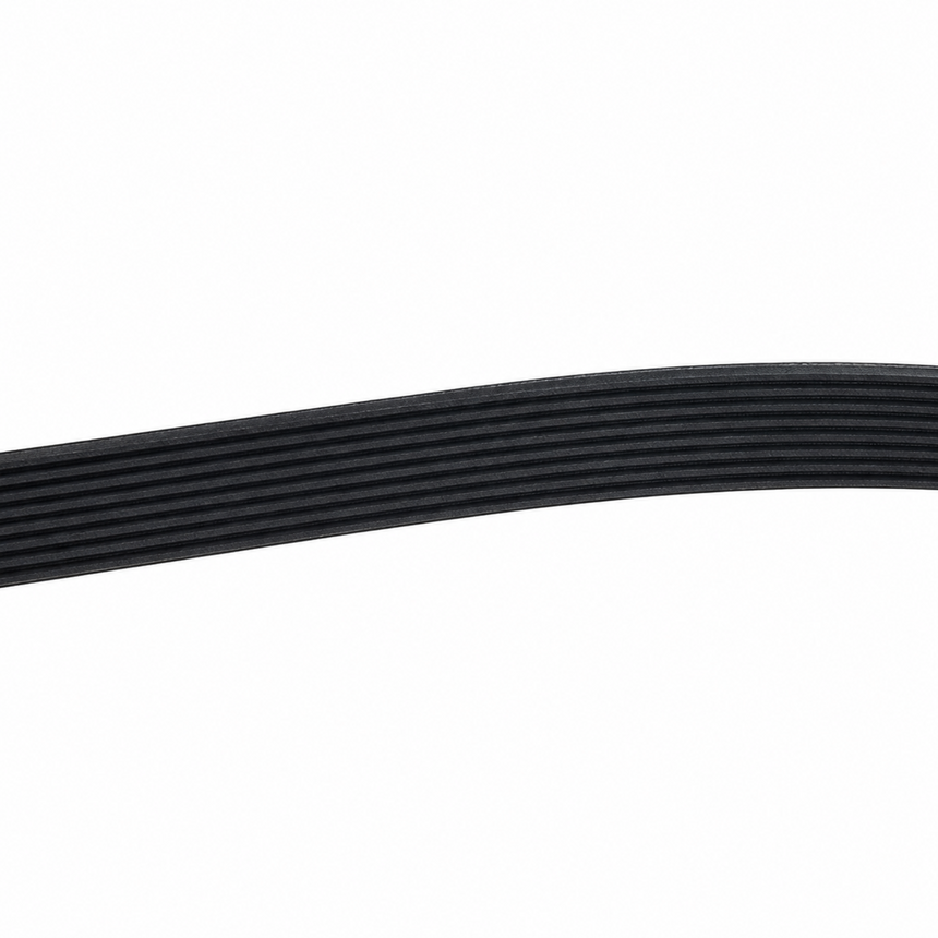 A close-up of a black ribbed rubber belt or strap against a plain white background.