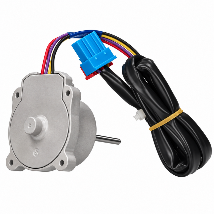 A small metal pump or motor component with a silver aluminum body, a short metal shaft, a blue multi-pin connector, and a coiled black cable secured with a yellow rubber band, shown on a plain white background.
