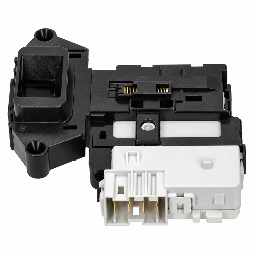 Black and white plastic automotive door lock switch assembly with metal connector pins, shown on a plain white background.