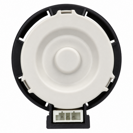 A circular black and white plastic electrical component or motor housing with a three-pin connector at the bottom, isolated on a white background.