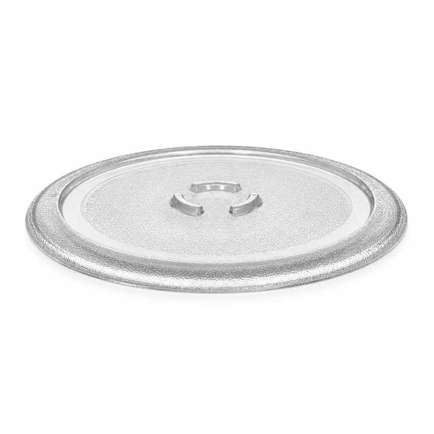A round glass microwave turntable lid with a textured surface and a central mounting hub, shown on a plain white background.