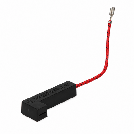 A black plastic TINY TOYS 12V DC motor connector with a red braided wire and a silver metal plug, shown on a plain white background.