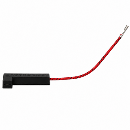 A black rectangular electrical connector with a red braided wire leading to a silver metal terminal, shown on a plain white background.