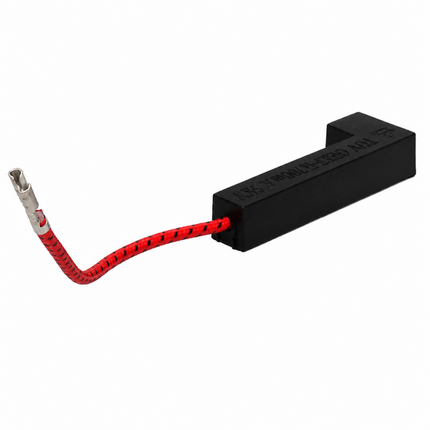 A black rectangular electrical component with a red braided wire lead and a silver metal connector, shown on a plain white background.