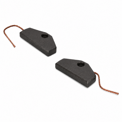 Two dark gray cast iron weight plates with copper-colored hanging wires, shown on a plain white background.