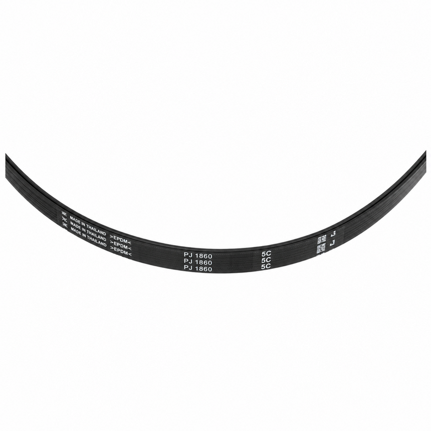 A curved black rubber belt with white printed text specifications, shown on a plain white background.