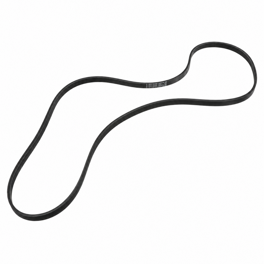 A black rubber drive belt with a ribbed cross-section, shown in a looped shape on a plain white background.