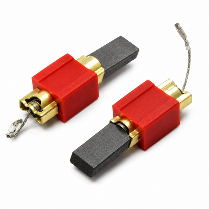 Two small rectangular keychain tools with bright red plastic bodies, gold metal connectors, black magnetic ends, and short silver wire keys on a plain white background.
