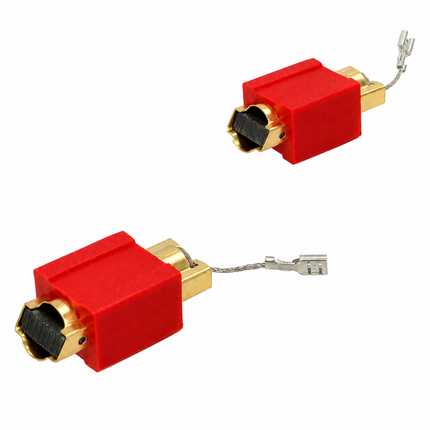 Two red and gold audio adapter connectors with attached silver wire leads, shown on a plain white background.