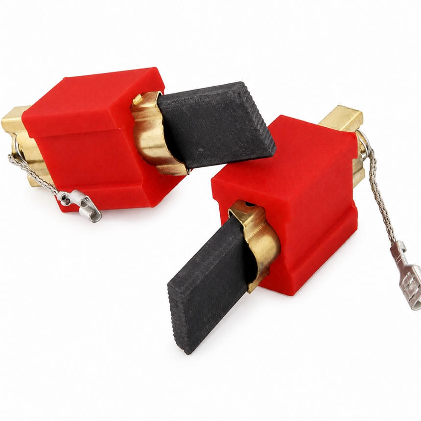 Two red and black electrical terminal blocks with brass-colored metal connectors and attached silver-colored grounding wires, shown on a white background.