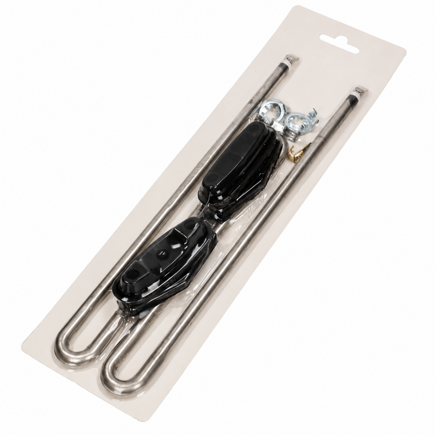 A pair of black and silver metal cable ties in their original white cardboard blister packaging, shown against a plain white background.