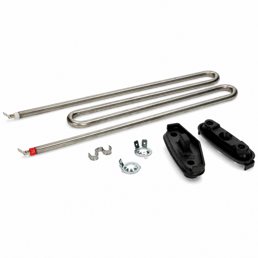 A replacement water heater element kit with two long silver metal coils, two black plastic end caps, two silver wire clips, and two mounting washers, arranged on a plain white background.